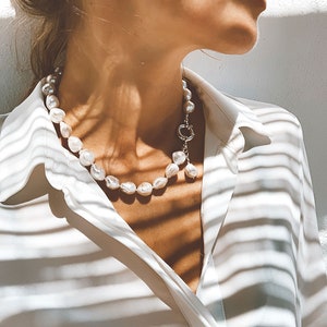 Baroque Pearl Necklace With Silver Marine Lock, kasumi pearl necklace, Genuine pearls