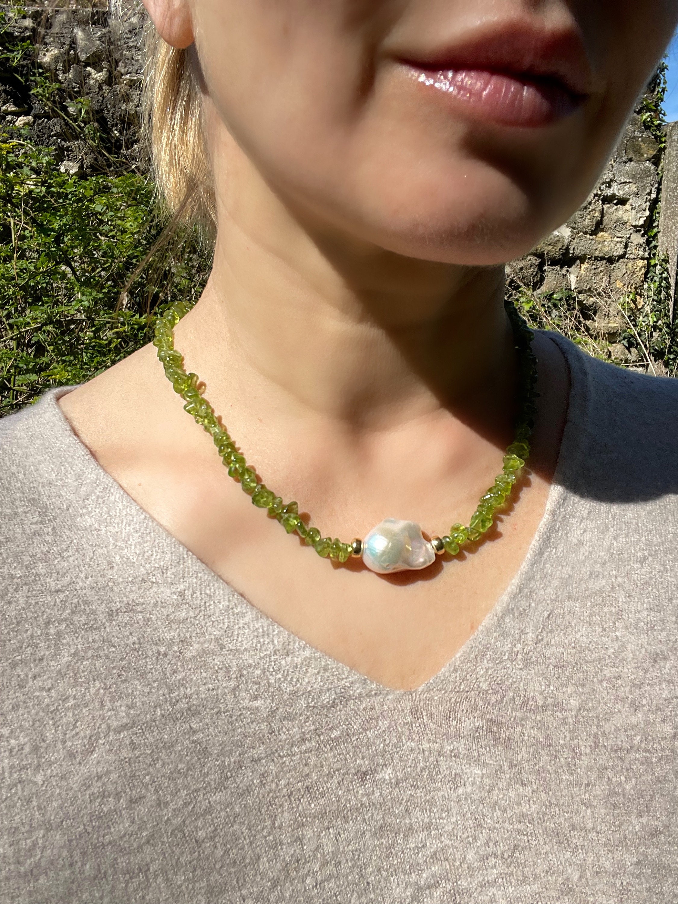 Peridot and Pearl Necklace Peridot Nugget Bead Necklace Peridot