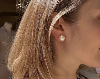 Large Button Pearl Clip On Earrings: Sterling Silver Bridal Jewelry