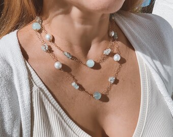 Aquamarine And Pearl Long Chain Necklace, Beaded necklaces for women, gemstone necklace