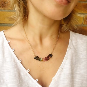 Rainbow tourmaline briolettes necklace, gold plated silver chain image 3