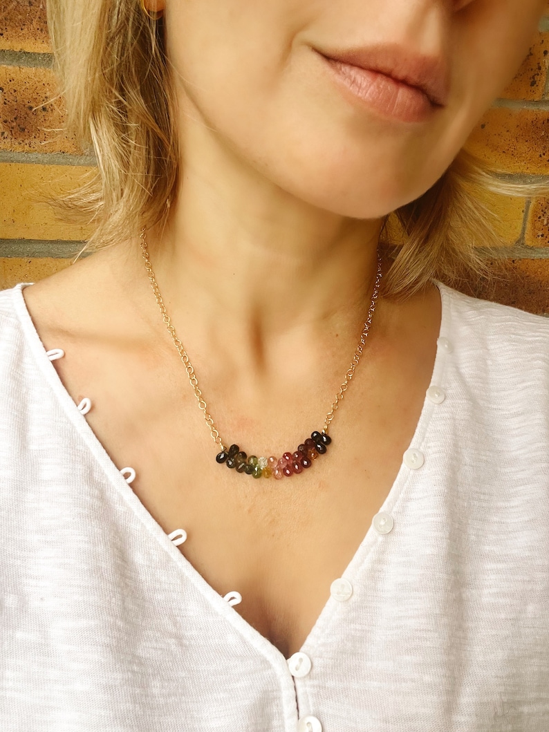 Rainbow tourmaline briolettes necklace, gold plated silver chain image 3