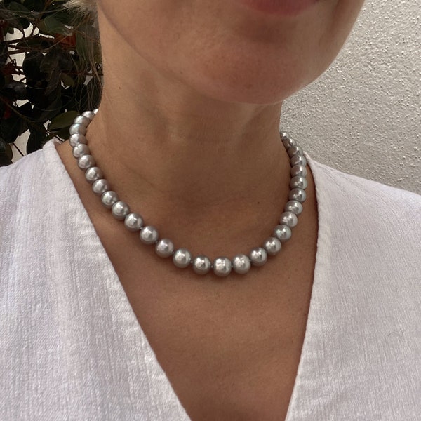 Graue Perlenkette, klassische Perlenkette, echte Perlenschmuck, Halsketten für Frauen, Jahrestagsgeschenk für sie, handgemachter Schmuck