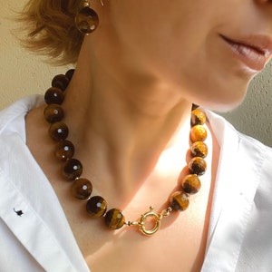 Chunky Tigers Eye Beaded necklace, Statement necklace, Tiger Eye Jewelry