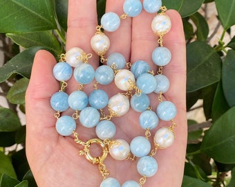 Brazilian aquamarines and fresh water pearls wired necklace, gold vermeil