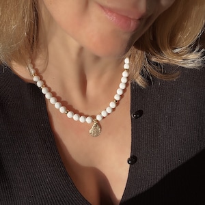 White bead necklace with golden seashell charm, summer necklace, boho jewelry