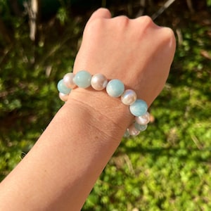 Chunky Bracelet, Aquamarine and Pearl Bracelet, Beaded Bracelets, Gemstone Bracelet, Gift for her, Aquamarine jewelry, Handmade bracelet