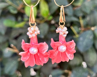 Carved Shell Flower Earrings: Freshwater Pearl, Gold Vermeil Hooks