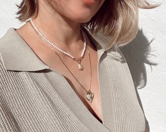 Scarab necklace, tiny fresh water pearl necklace with scarab pendant, layering necklace, Valentine's Day gift idea