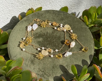Freshwater Pearl Citrine Necklace | Padparadscha Sapphire Accent, 14k Gold Filled
