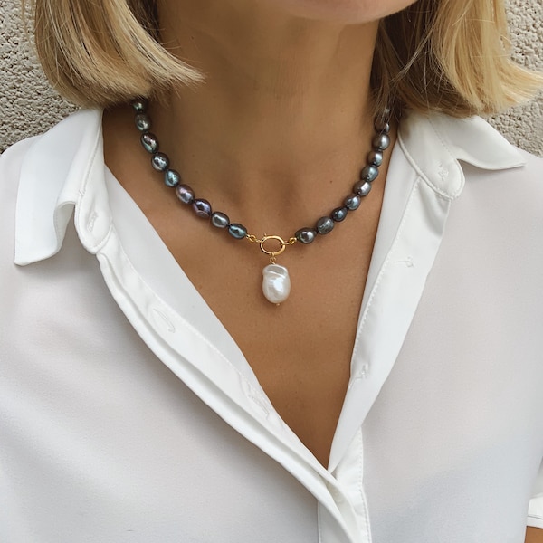 Schwarze Perlenkette mit barockem Perlenanhänger, Perlenketten für Frauen, Geschenk für sie, Barockperlenkette