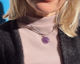 Fluorite Beaded Necklace, Carved Amethyst Flower Pendant, Gold Filled