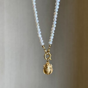 Scarab necklace, tiny fresh water pearl necklace with scarab pendant, layering necklace, Valentine's Day gift idea image 5