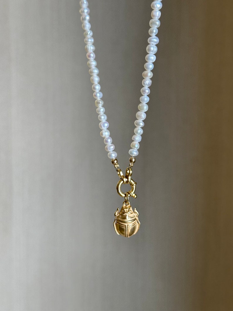 Scarab necklace, tiny fresh water pearl necklace with scarab pendant, layering necklace, Valentine's Day gift idea image 5