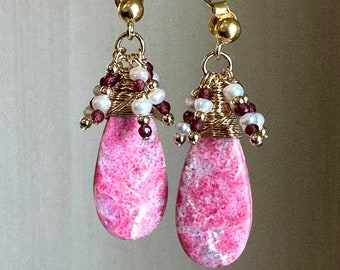 Rhodocrosite Drop Earrings with Garnet and Pearls Cluster, Cute dangle earrings, Handmade earrings, Gift for her, Unique earrings for women