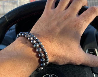 Pulsera De Perlas De Lava Flexible Hombres Retro Iniciales Pulsera De Perlas De Lava Flexible Hombres Retro Iniciales