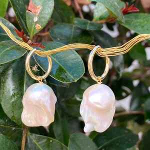 White baroque pearl hoop earrings, flameball pearls earrings, gold plated 925 silver image 5