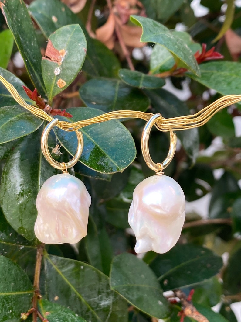 White baroque pearl hoop earrings, flameball pearls earrings, gold plated 925 silver image 5