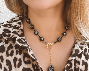 Black Spinel Pearl Lariat Necklace, Gold Plated Toggle, Handmade