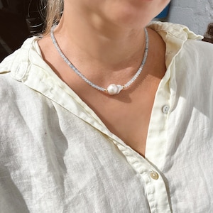 Aquamarine And Baroque Pearl Necklace, March Birthstone Necklace, Gift for her, Handmade jewelry
