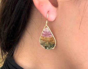 Watermelon Tourmaline Beaded Teardrop Earrings, Gold Wire Wrapped Tourmaline Earrings, Pink Green Tourmaline Jewelry, Natural Gemstone Dangl
