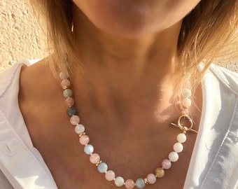 Morganite and aquamarine beaded necklace with toggle closure, gift for her, necklaces for women, candy necklace