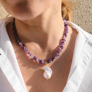 Amethyst Necklace With Baroque Pearl Pendant, Purple Necklace, Necklaces For Women, Jewelry Gifts For Her, February Birthstone