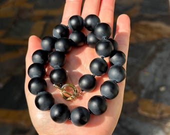 Matte Onyx & Black Spinel Beaded Necklace — Chunky Matte Black Gemstone Necklace