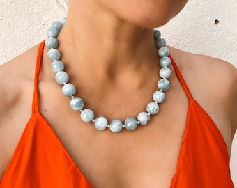 Chunky aquamarine gumball beaded necklace, oversized genuine aquamarine necklace in sterling silver