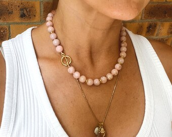 Pink Opal Beaded Necklace: Gold Vermeil Toggle Clasp, Handmade in Spain