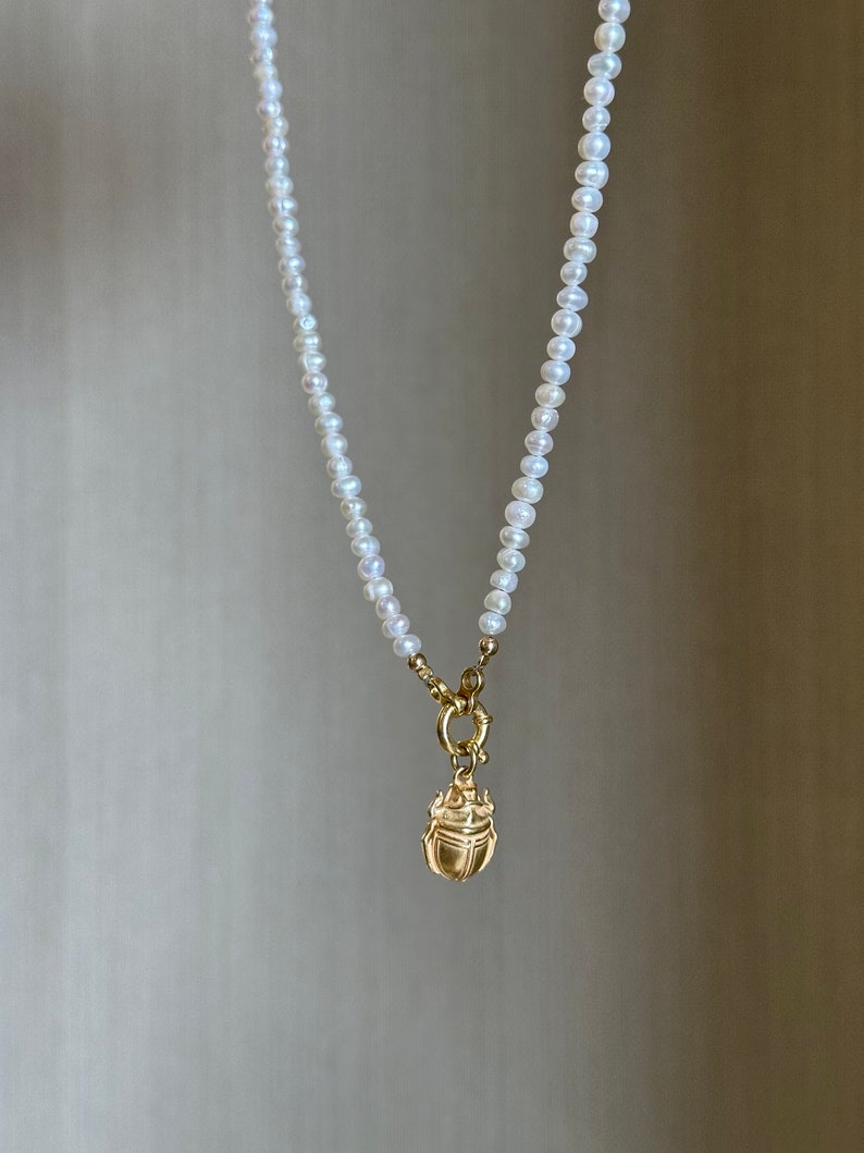 Scarab necklace, tiny fresh water pearl necklace with scarab pendant, layering necklace, Valentine's Day gift idea image 9