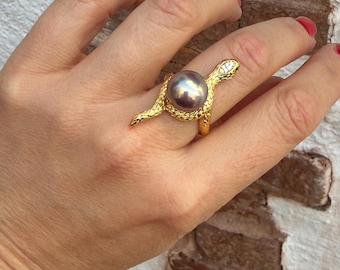 Elegant Freshwater Black Pearl Snake Ring, Gold Plated Silver Band