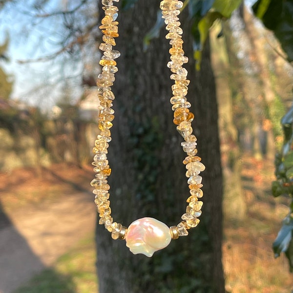 Collier de perles de citrine et baroque, perles de pépite de citrine et collier de perles d'eau douce, colliers pour femmes, collier de déclaration