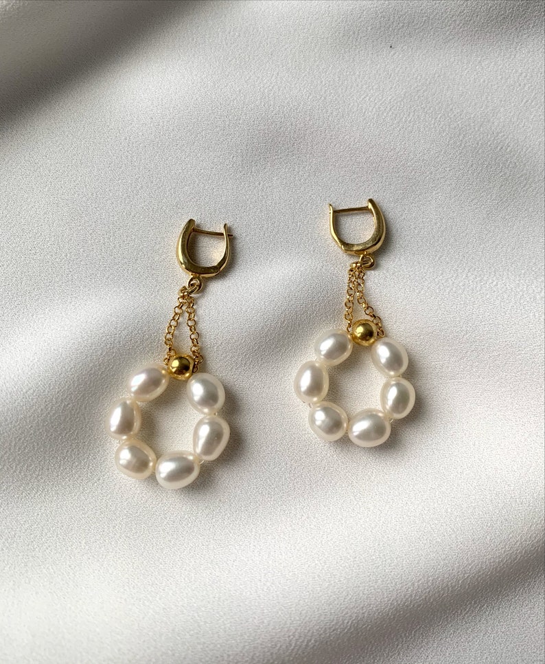 Pearl earrings, Dangle Drop earrings, Freshwater pearls, Pearl hoop earrings, Cute earrings, Bridal Earrings, Handmade jewelry, Gift for her image 2