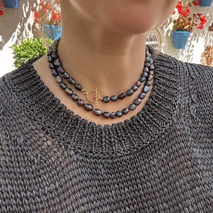 Long Black Pearl Necklace Estelle, layered pearl necklace, gift for her