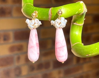 Gemstone cluster earrings, pink chalcedony and keshi pearls drop earrings