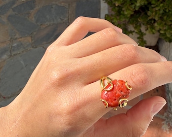 Real Red Coral Statement Ring – Gold Plated Silver Band – Natural Coral Nugget Ring – Organic Ocean Jewelry – Bold Artisan Cocktail Ring