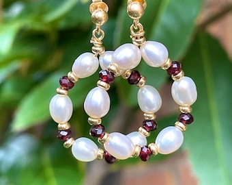 Pearl and garnet hoop earrings, gold plated silver