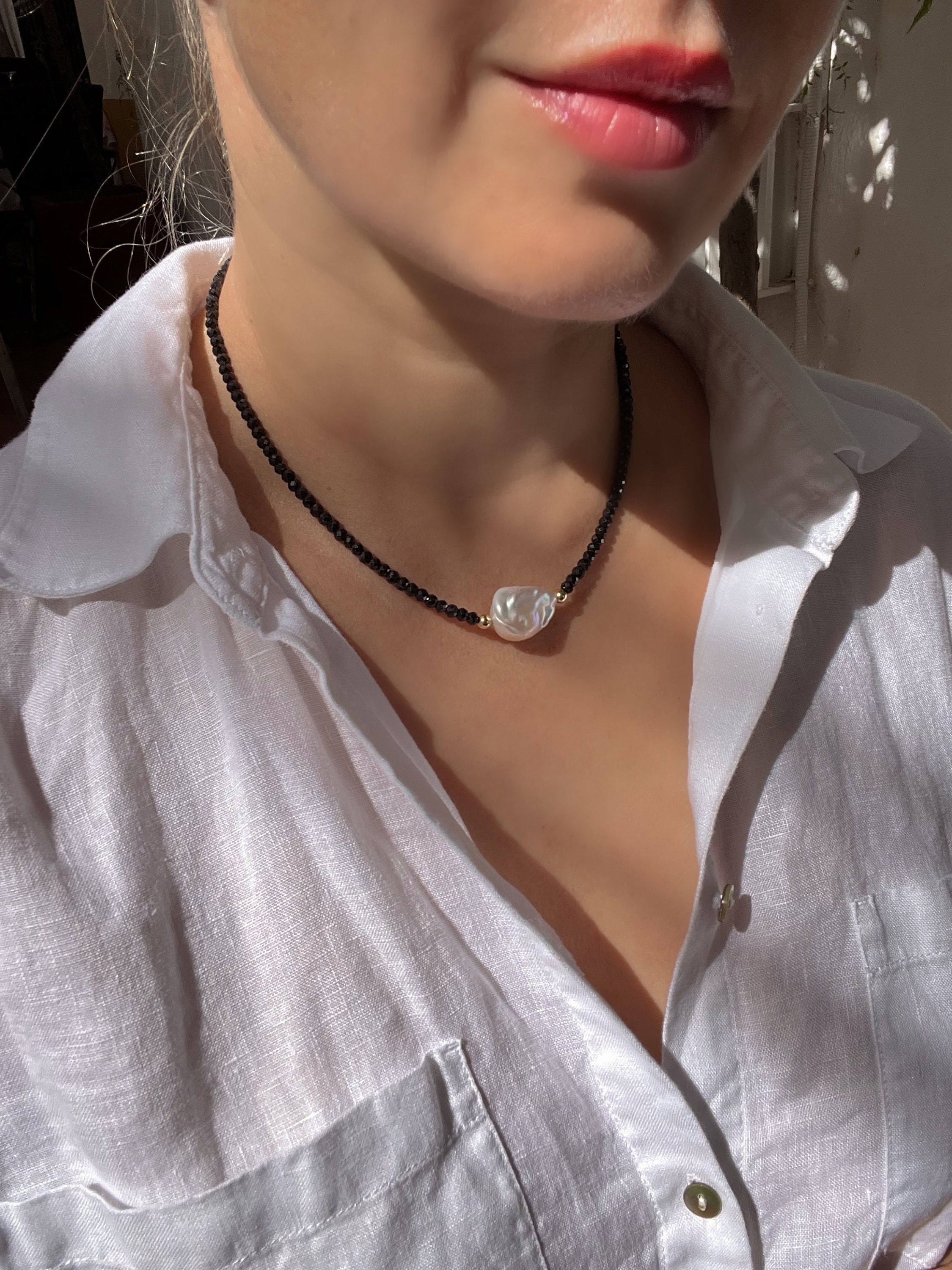 Collier Perle De Culture Baroque & Spinelle Noire - Plaqué Or, Neuf ROSEMIMOSA