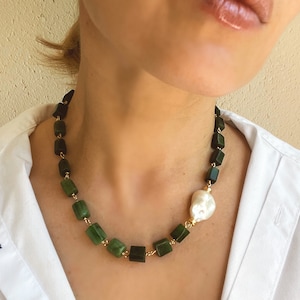 Green jade and baroque pearl statement necklace, jade jewelry, gemstone necklace