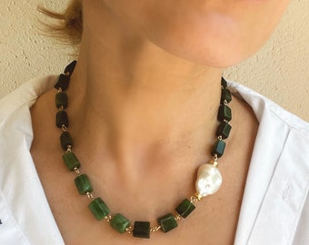 Green jade and baroque pearl statement necklace, jade jewelry, gemstone necklace