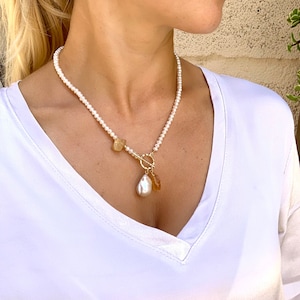 Natural pearl and raw citrine necklace with baroque pearl pendant