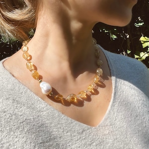 Citrine & Baroque Pearl Necklace: Gemstone Beaded Statement Jewelry