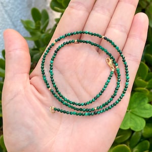 Malachite and solid 18k gold beaded necklace, minimalist jewelry