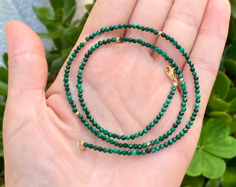Malachite and solid 18k gold beaded necklace, minimalist jewelry