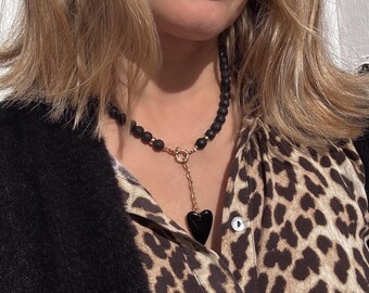 Lava Stone Beaded Necklace with Black Onyx Heart Pendant
