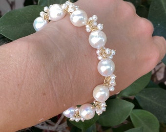 Real fresh water pearl bracelet, mini pearl clusters, gold vermeil