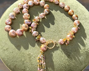 Edison Baroque Pearl Necklace with Tourmaline Tassel – Lavender Blush Pearls, Statement Gemstone Jewelry