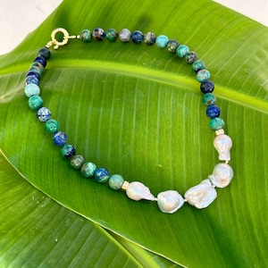 Azurite Malachite And Baroque Pearl Statement necklace, Chrysocolla beaded necklace, chunky necklace