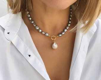 Grey pearl necklace with white baroque pearl  pendant, gold plated silver closure